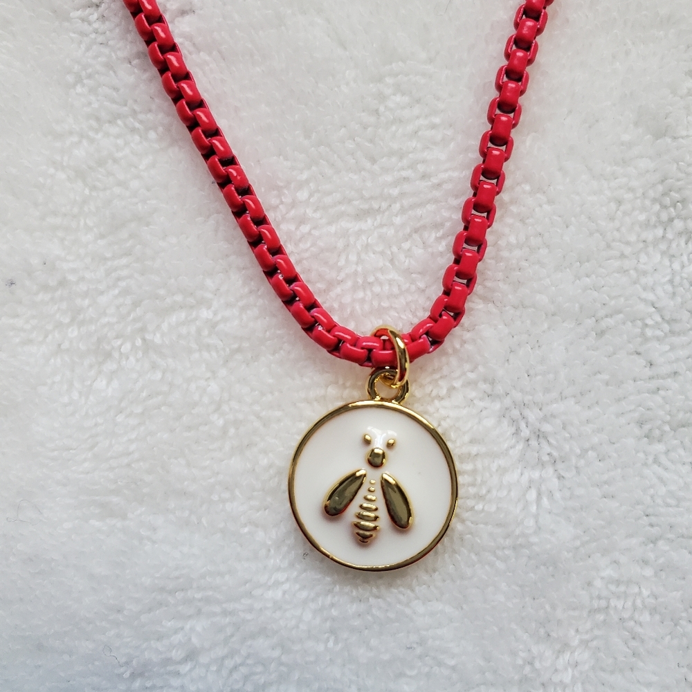 Hot pink enamel necklace and bee charm